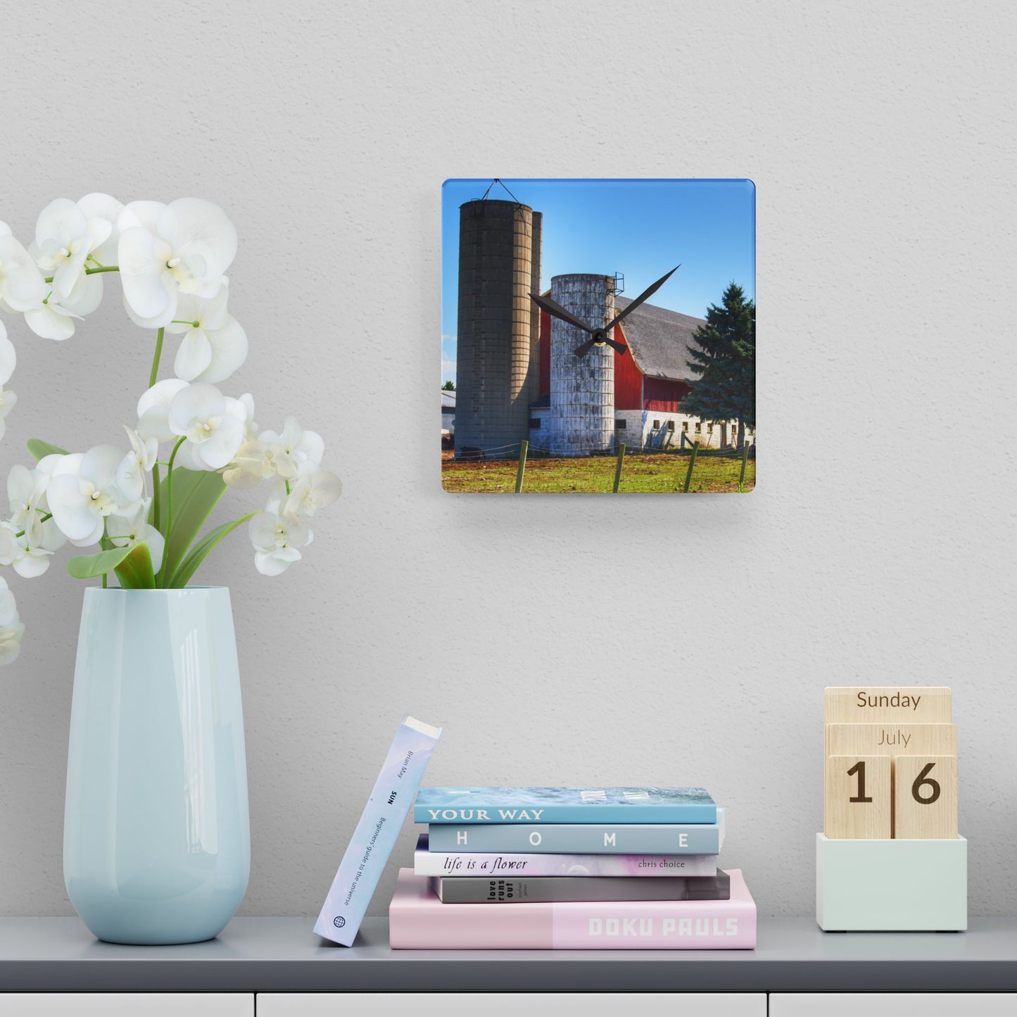 U R There Photography Hunters Creek Red Cow Barn I Rustic Farmhouse Acrylic Analog Wall Clock