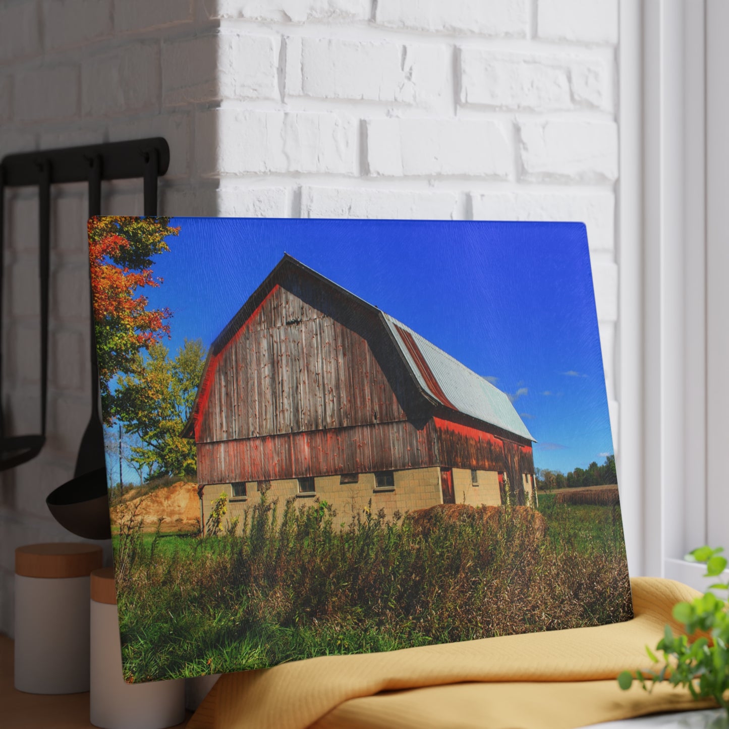 U R There Photography Byington Road Red II Rustic Farmhouse Tempered-Glass Cutting Board