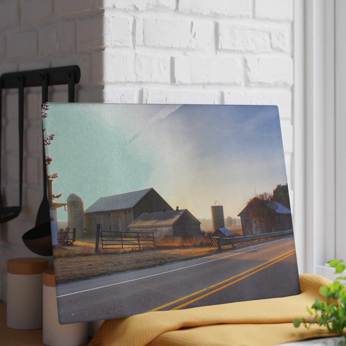 U R There Photography Wilder Road Foggy Morning Greys Rustic Farmhouse Tempered-Glass Cutting Board