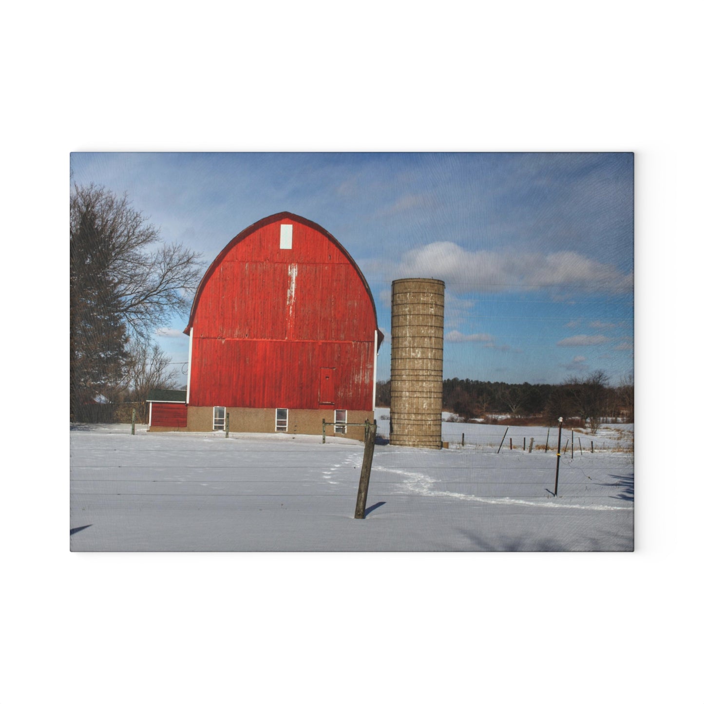 U R There Photography Barnes Road Winter Red Rustic Farmhouse Tempered-Glass Cutting Board
