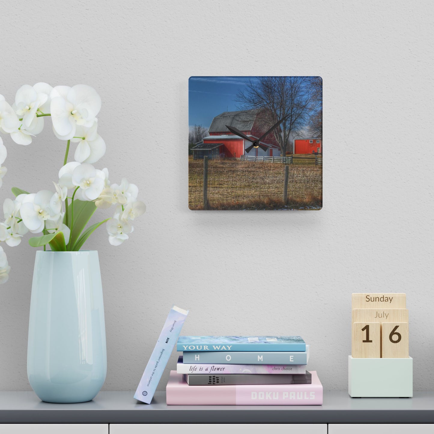 U R There Photography Clifford Road Red II Rustic Farmhouse Wall Clock