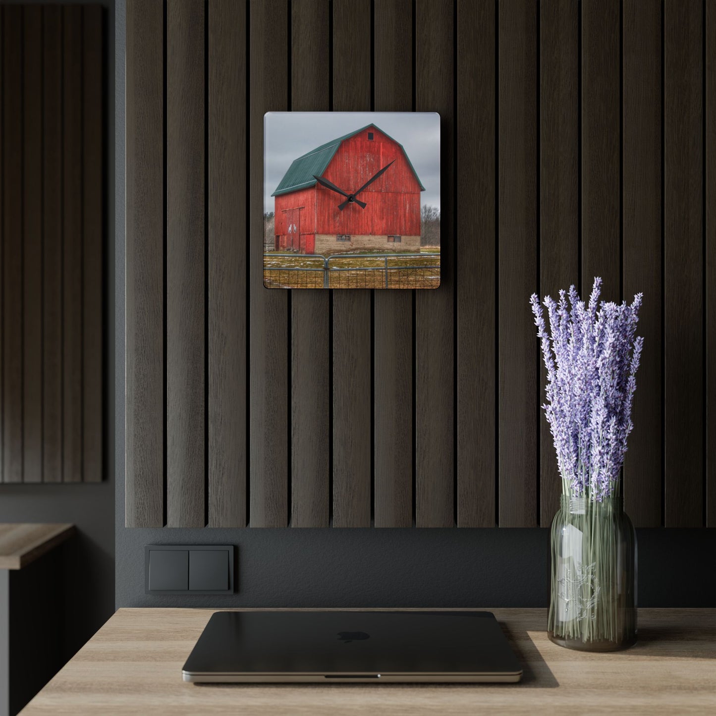 U R There Photography Lonsberry Red Rustic Farmhouse Acrylic Analog Wall Clock