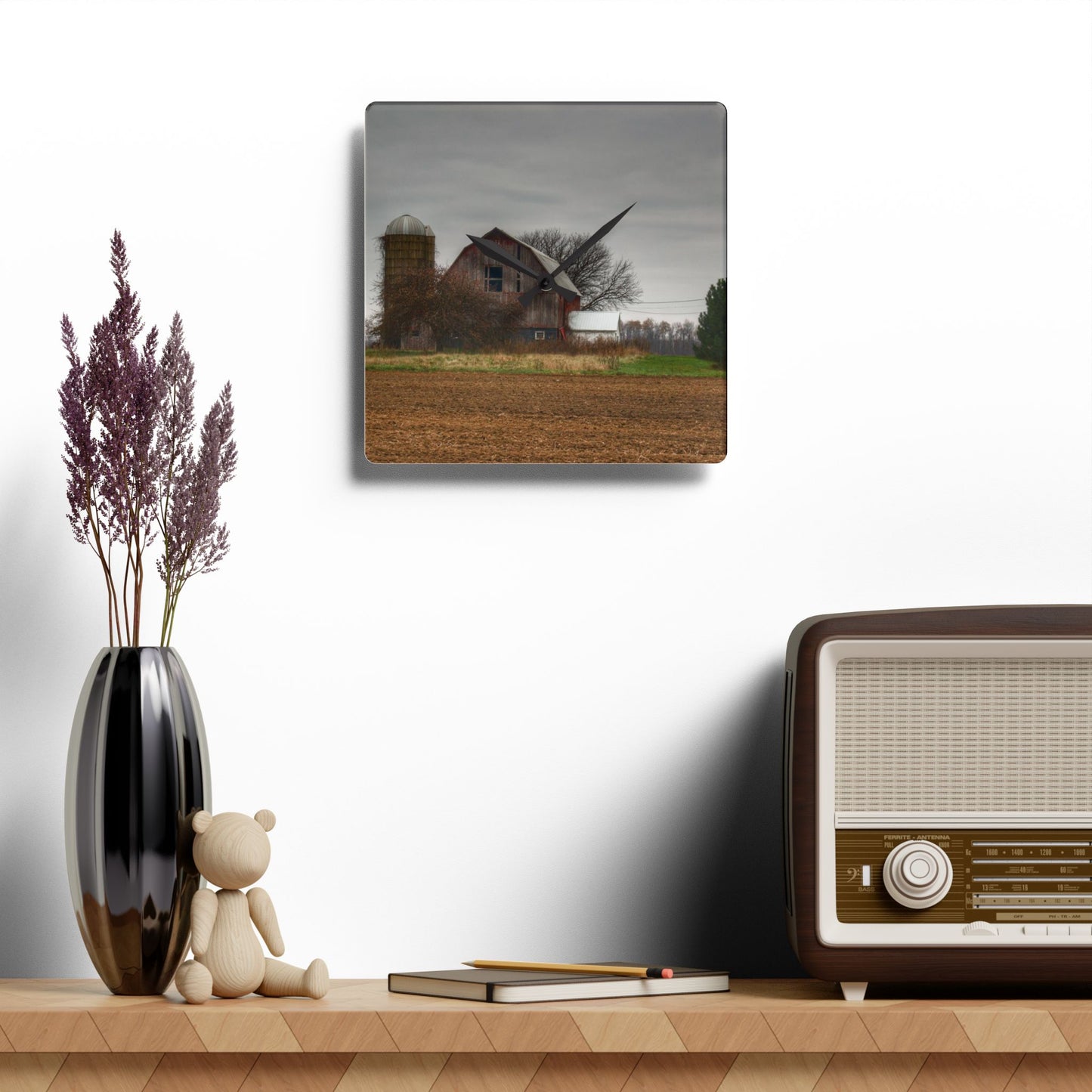 U R There Photography Reinelt Road Red Rustic Farmhouse Acrylic Analog Wall Clock