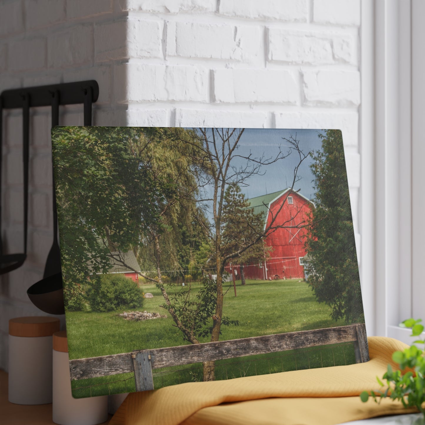 U R There Photography Roadside Red Beyond the Fence Rustic Farmhouse Tempered-Glass Cutting Board