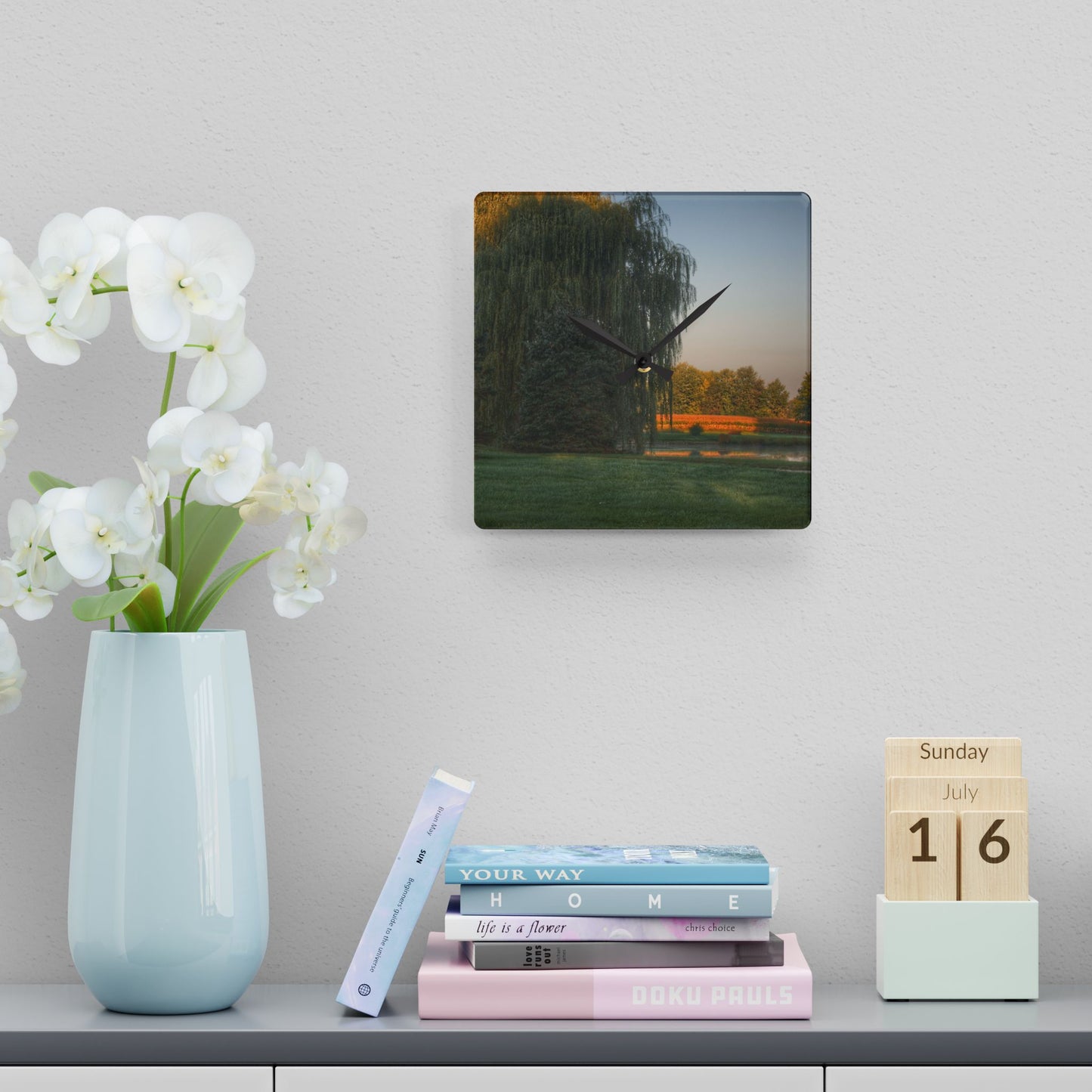 U R There Photography Sunrise on Willow Pond I Rustic Farmhouse Acrylic Analog Wall Clock