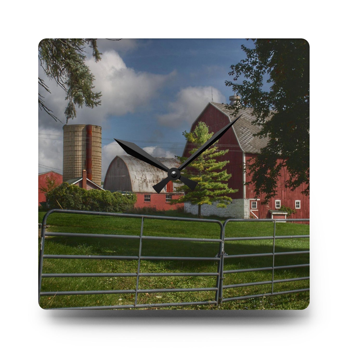U R There Photography Hough Road Reds and Silo I Rustic Farmhouse Acrylic Analog Wall Clock