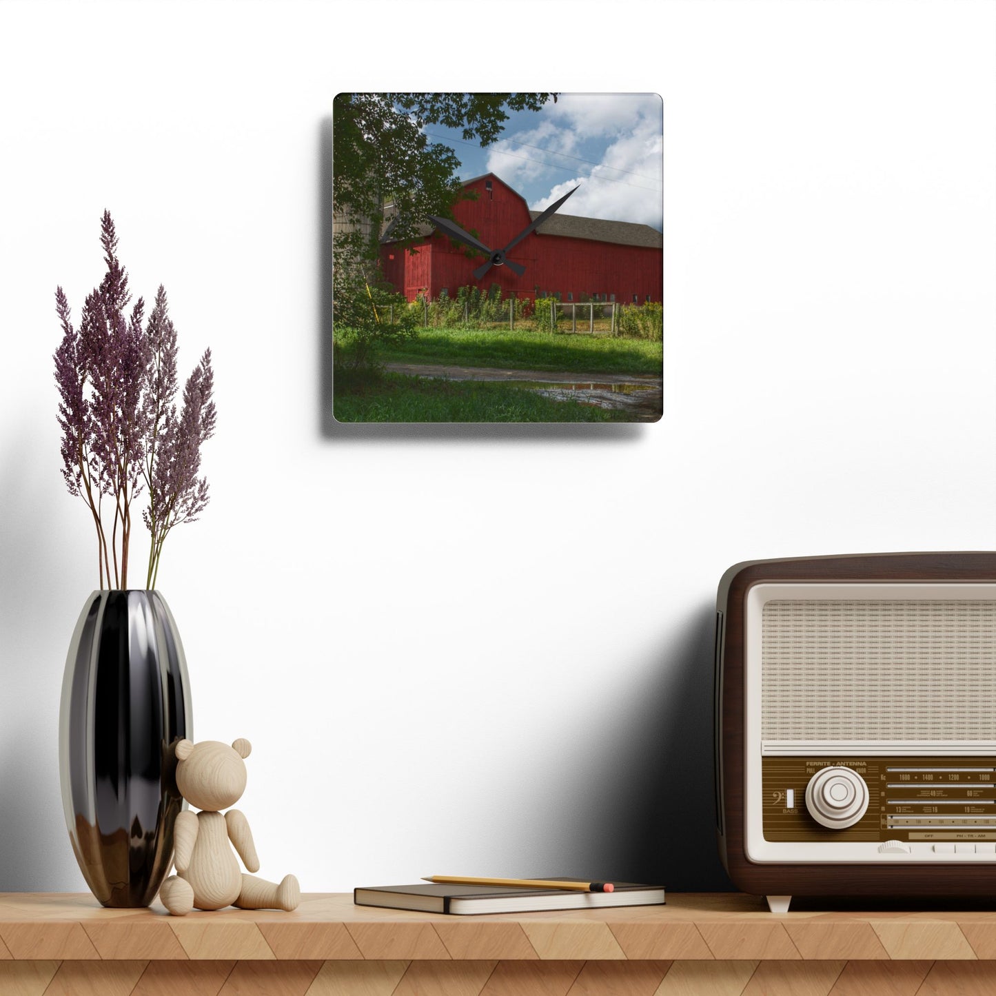 U R There Photography Metamora Road Red Rustic Farmhouse Acrylic Analog Wall Clock