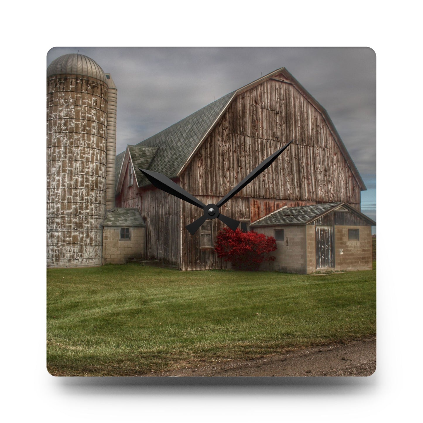 U R There Photography Roedel Road Red Rustic Farmhouse Acrylic Analog Wall Clock
