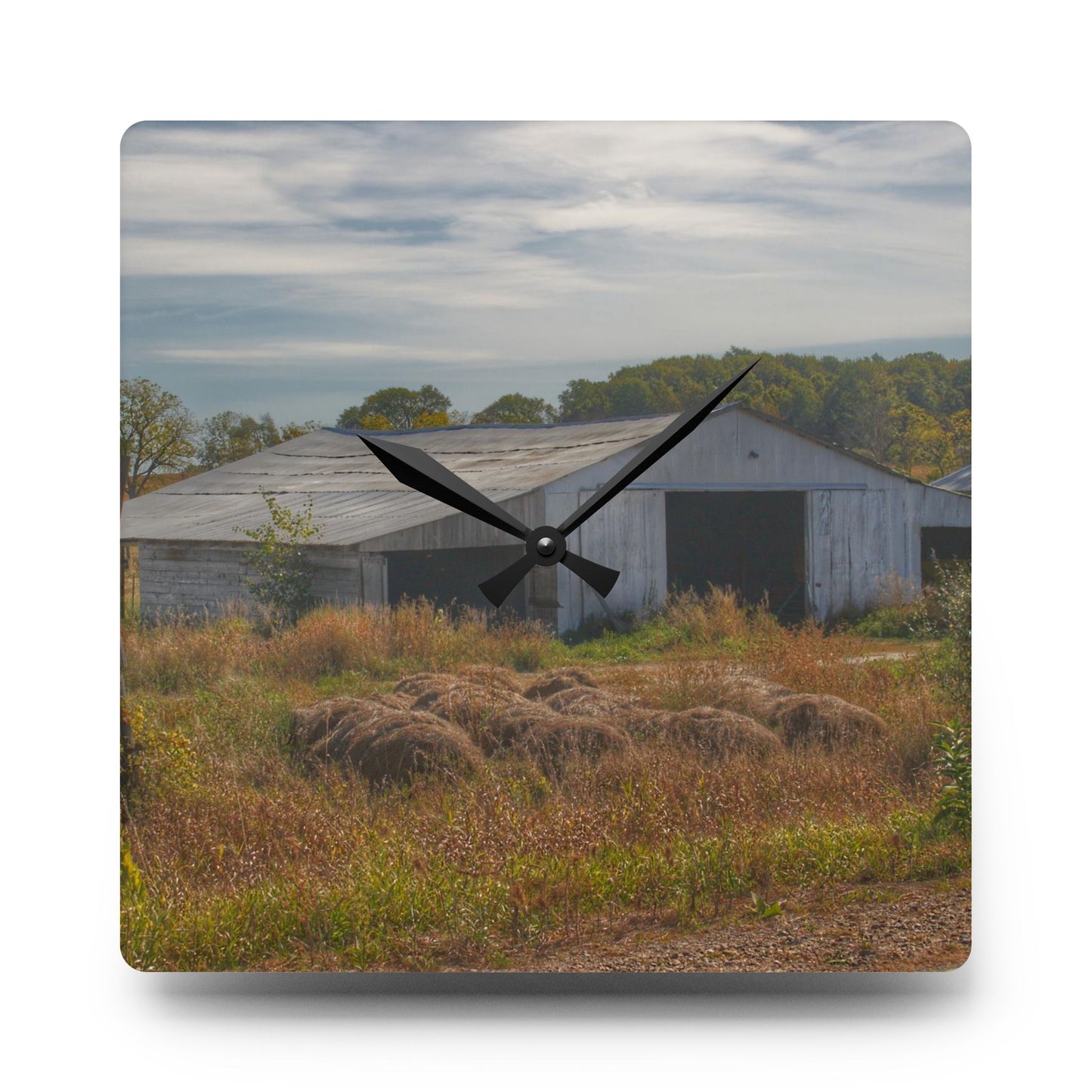U R There Photography Hurd Corners Road Grey Shack Rustic Farmhouse Acrylic Analog Wall Clock