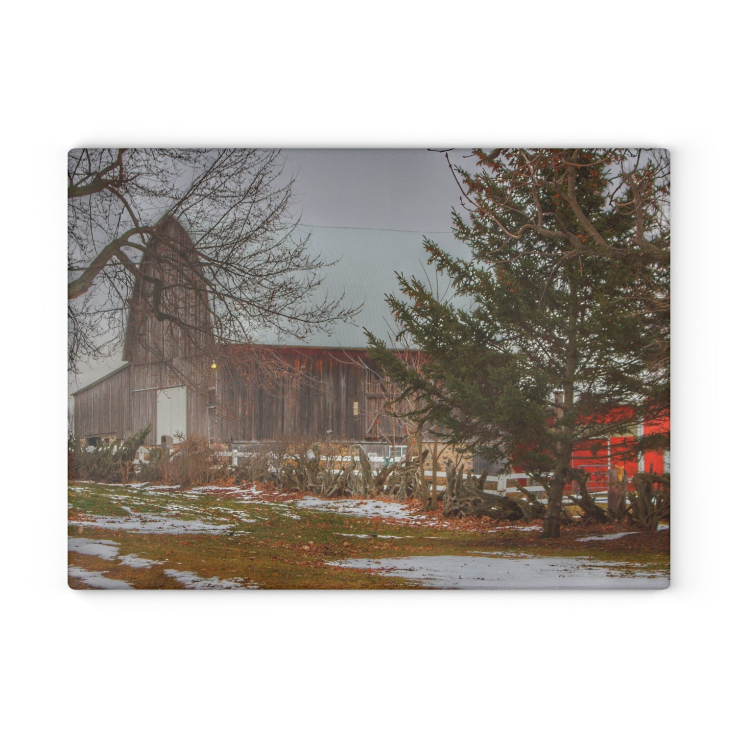 U R There Photography Schott Road Grey II Rustic Farmhouse Tempered-Glass Cutting Board