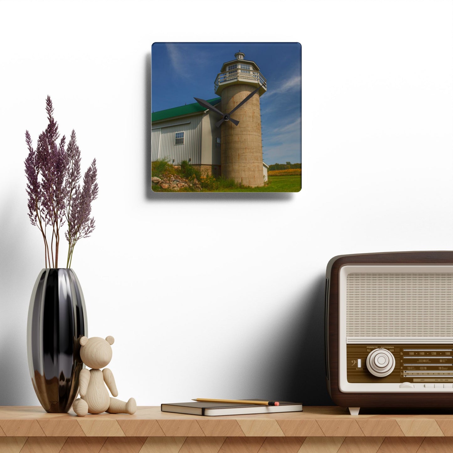U R There Photography Phelps Road Lighthouse Barn II Rustic Farmhouse Acrylic Analog Wall Clock