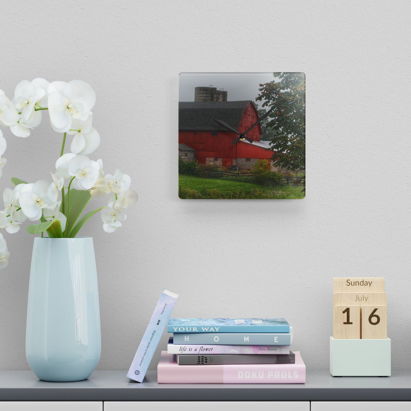 U R There Photography Five Lakes Road Red I Rustic Farmhouse Acrylic Analog Wall Clock 10.75'' × 10.75'' (Square)