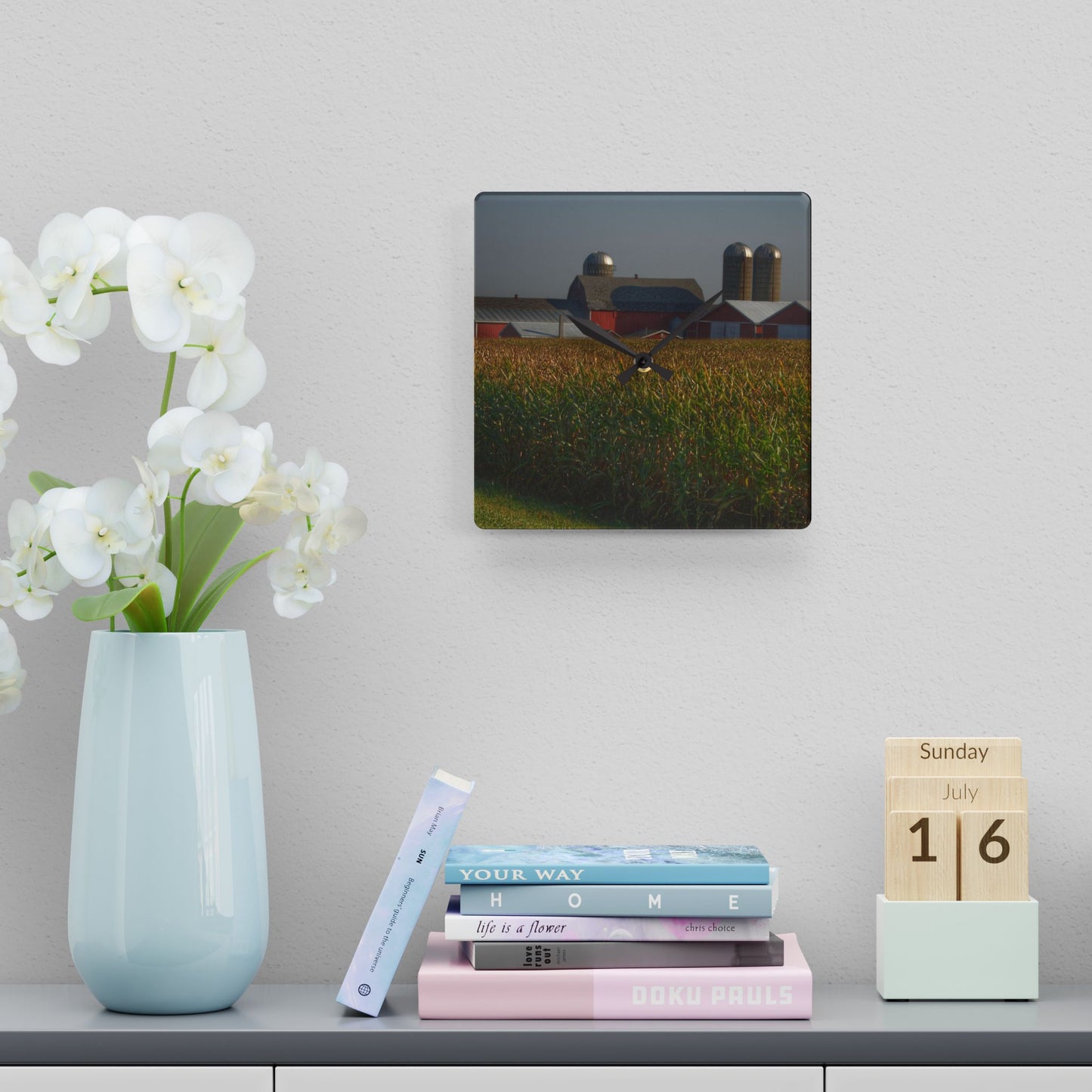 U R There Photography Slattery Road Farm and Cornfield II Rustic Farmhouse Acrylic Analog Wall Clock