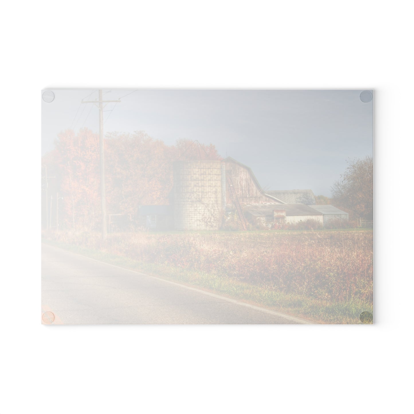 U R There Photography Plumb Creek Road Red in Fall II Rustic Farmhouse Tempered-Glass Cutting Board
