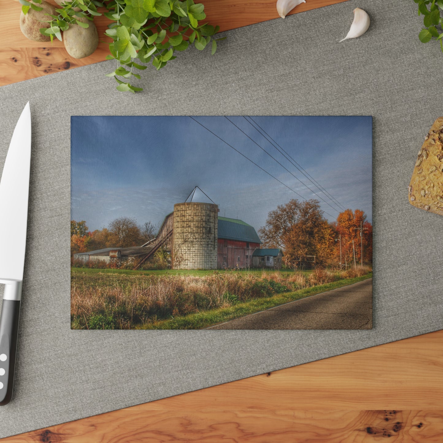 U R There Photography Plumb Creek Road Red in Fall I Rustic Farmhouse Tempered-Glass Cutting Board