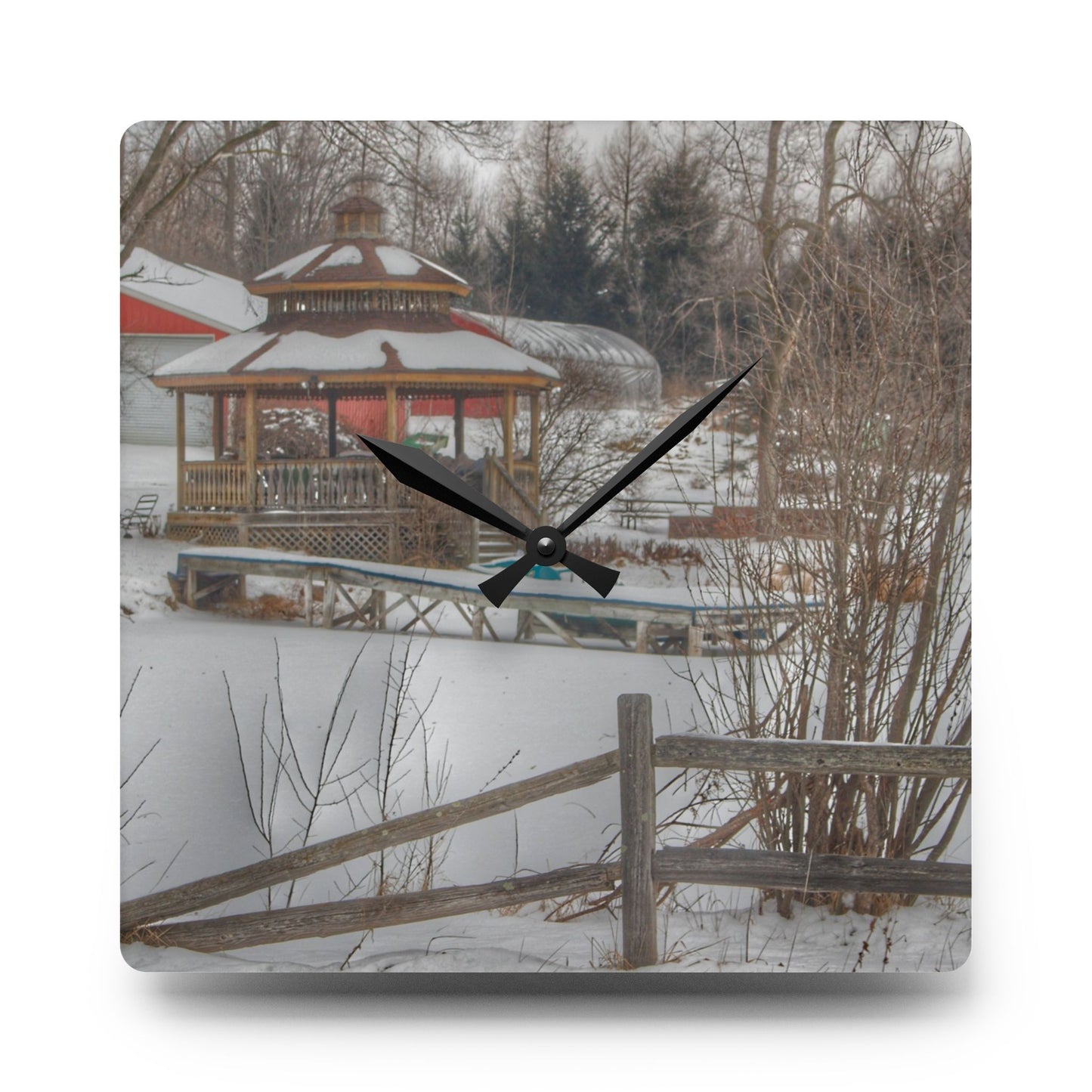 U R There Photography Columbiaville Gazebo in Winter Rustic Farmhouse Acrylic Analog Wall Clock