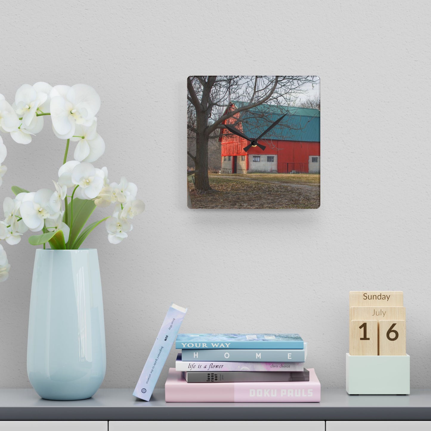 U R There Photography Wilson Road Red and Silo I Rustic Farmhouse Acrylic Analog Wall Clock