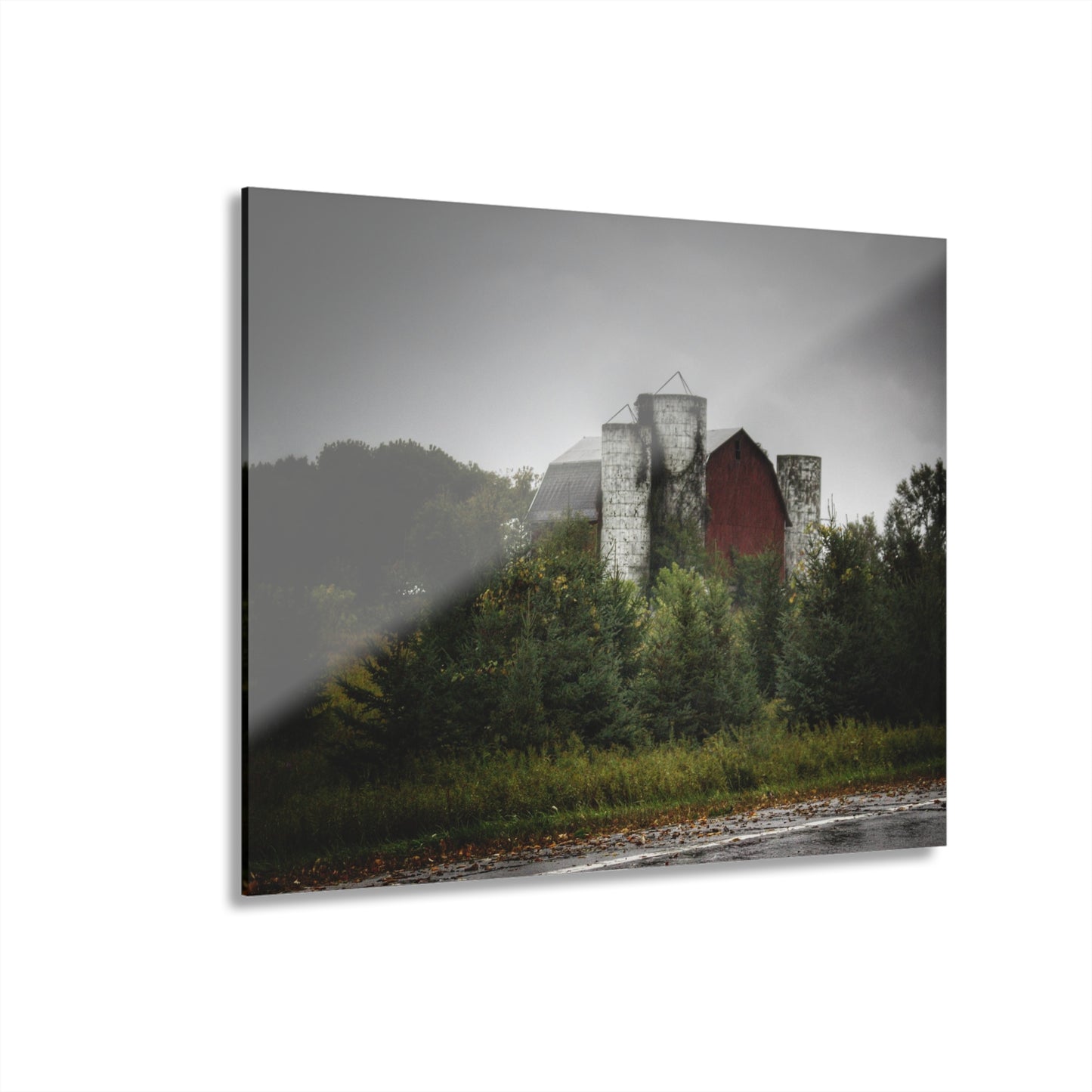 U R There Photography Castle Road Red and Silos in the Rain Rustic Farmhouse Acrylic Wall Print