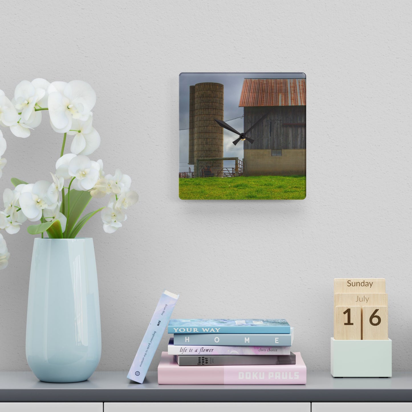 U R There Photography Clothier Road Grey and Silo Rustic Farmhouse Acrylic Analog Wall Clock