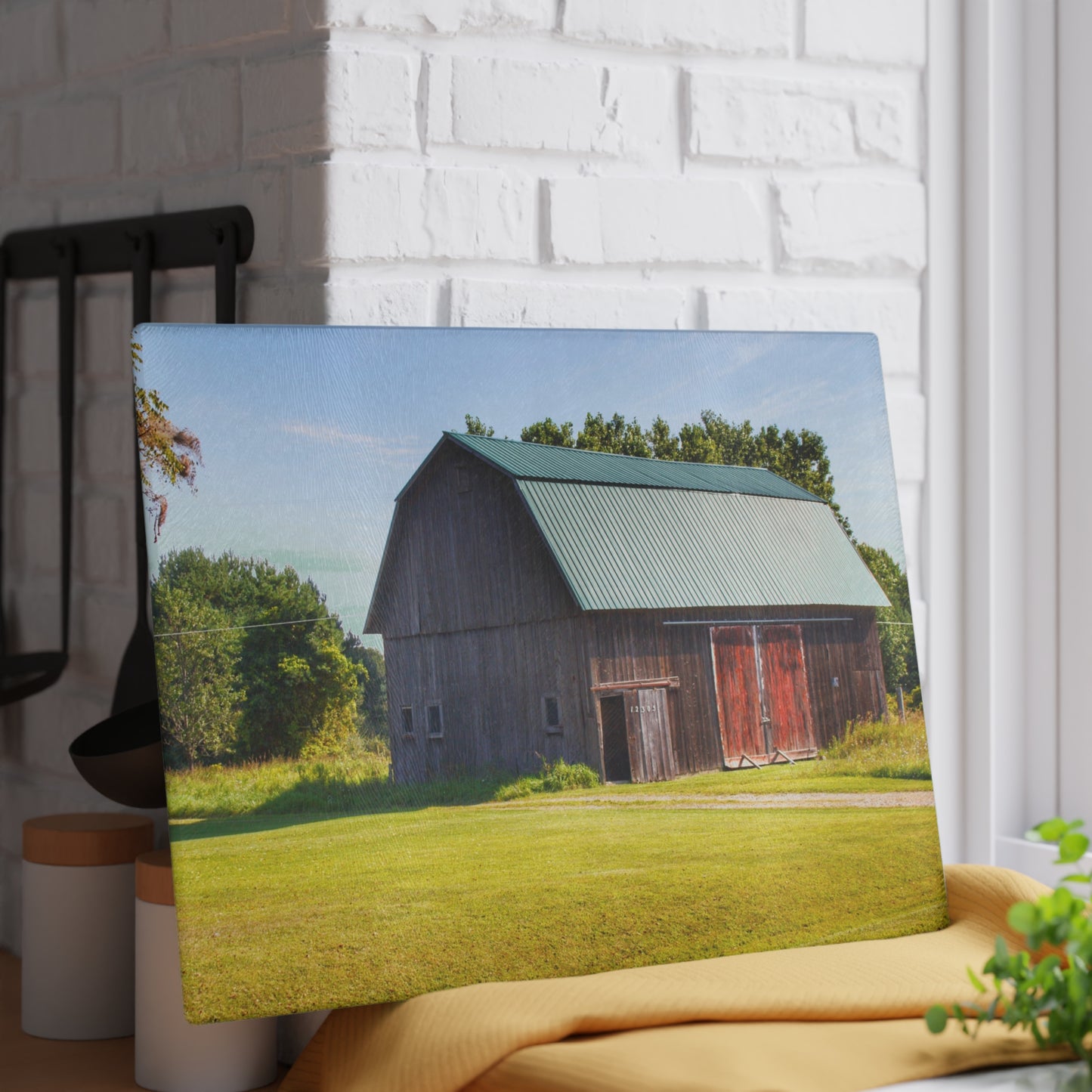 U R There Photography Red Door Barn of Mount Morris Road Rustic Farmhouse Tempered-Glass Cutting Board