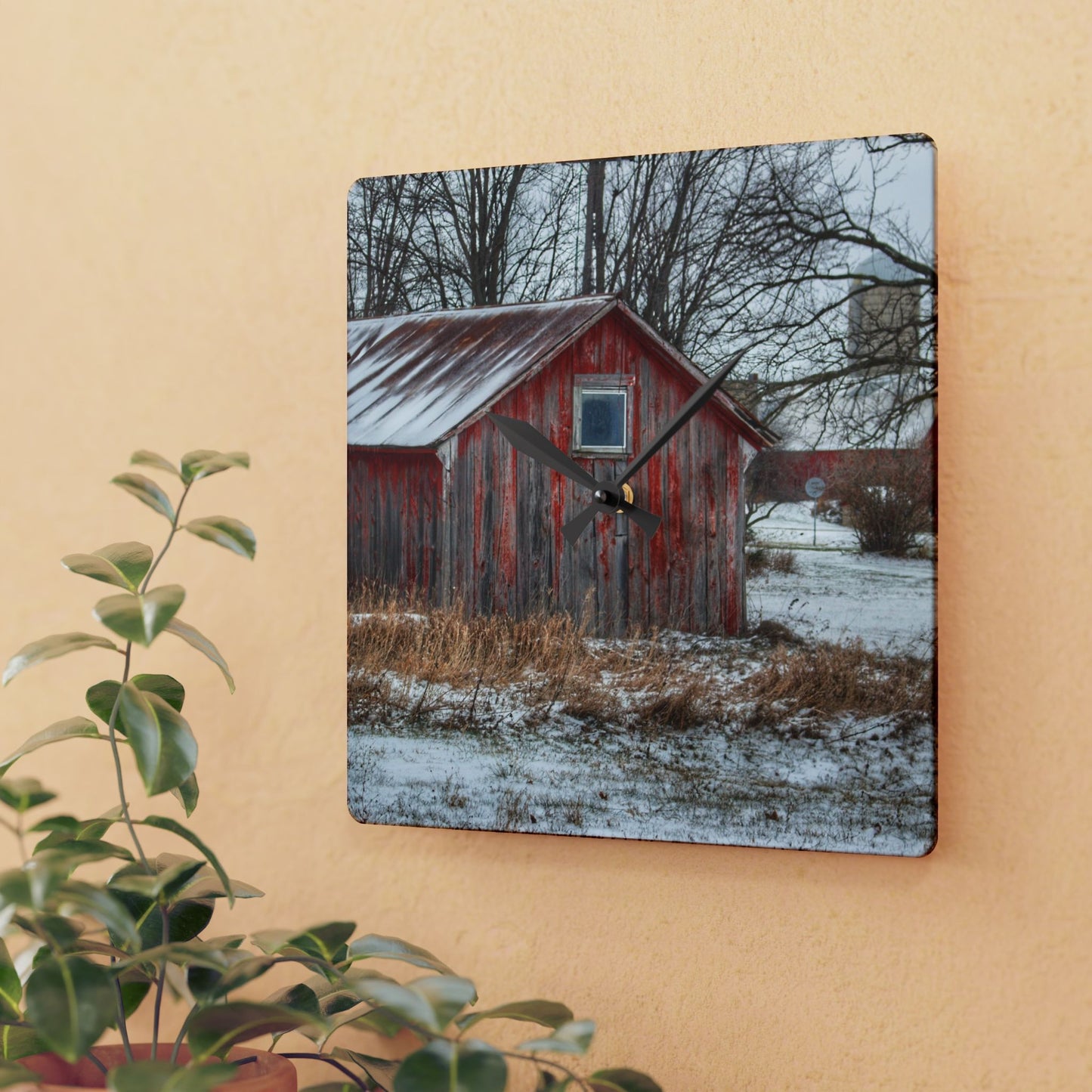 U R There Photography Frenchline Road Red Shack Rustic Farmhouse Acrylic Analog Wall Clock