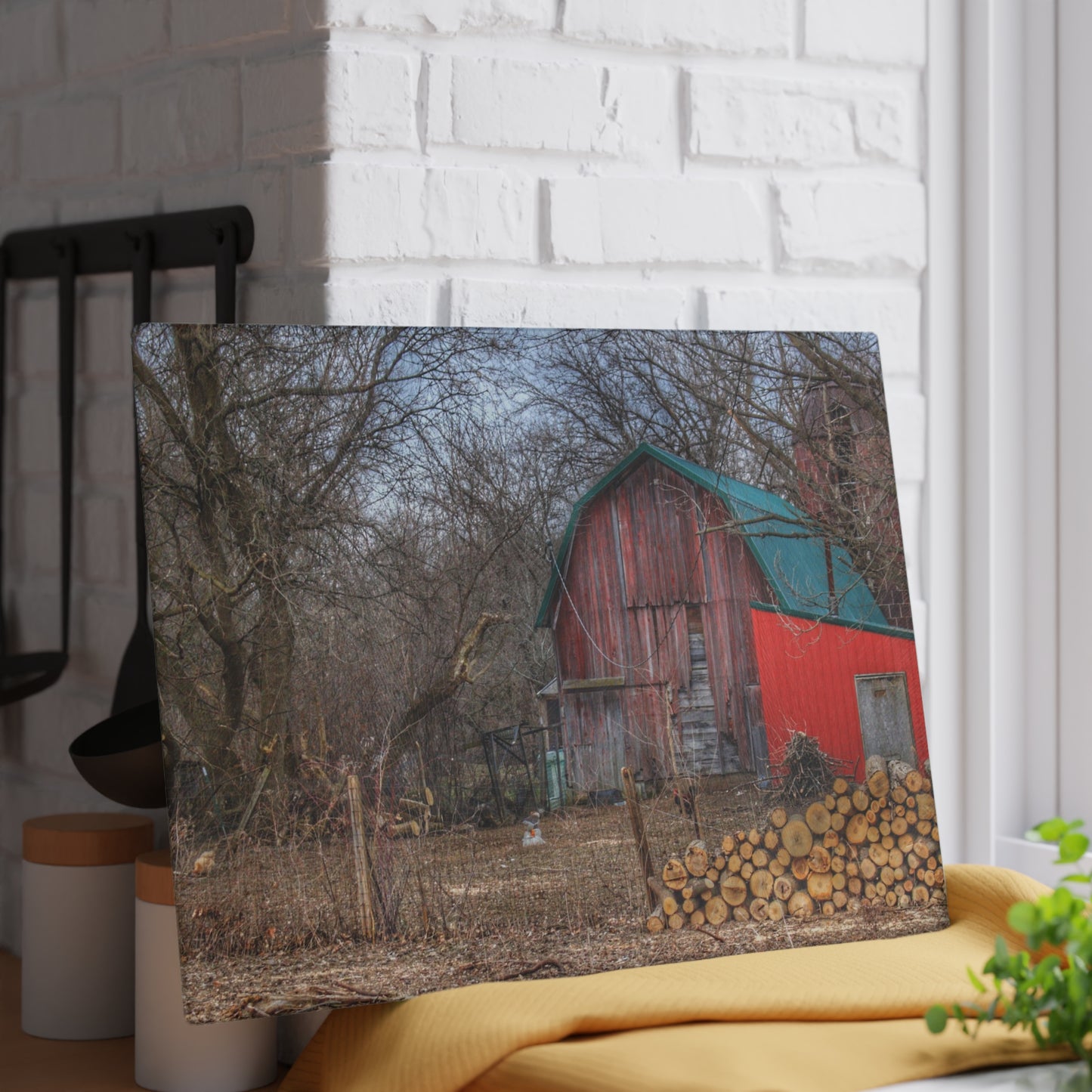 U R There Photography Bray Road Hidden Barnyard Red II Rustic Farmhouse Tempered-Glass Cutting Board