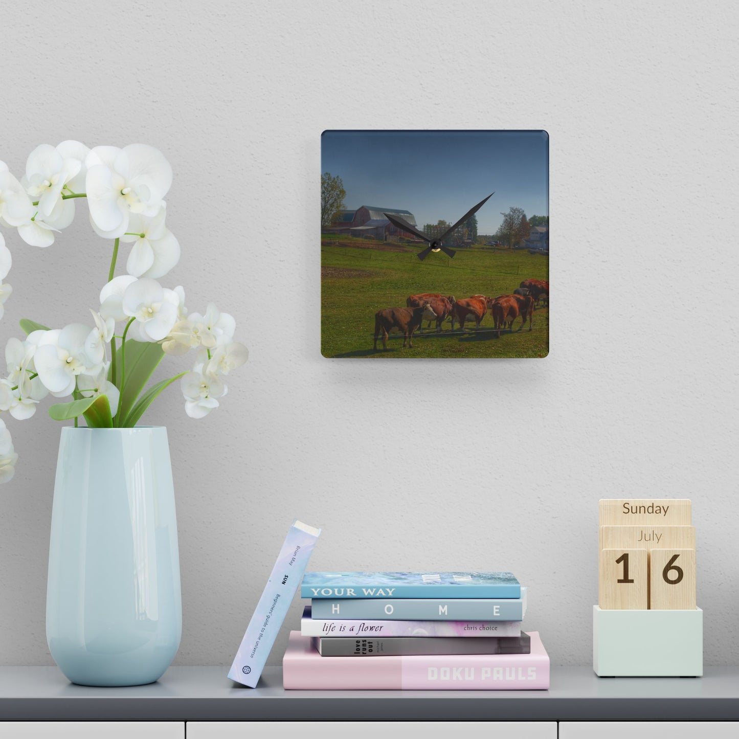 U R There Photography Plain Road Farm and Cows Rustic Farmhouse Acrylic Analog Wall Clock