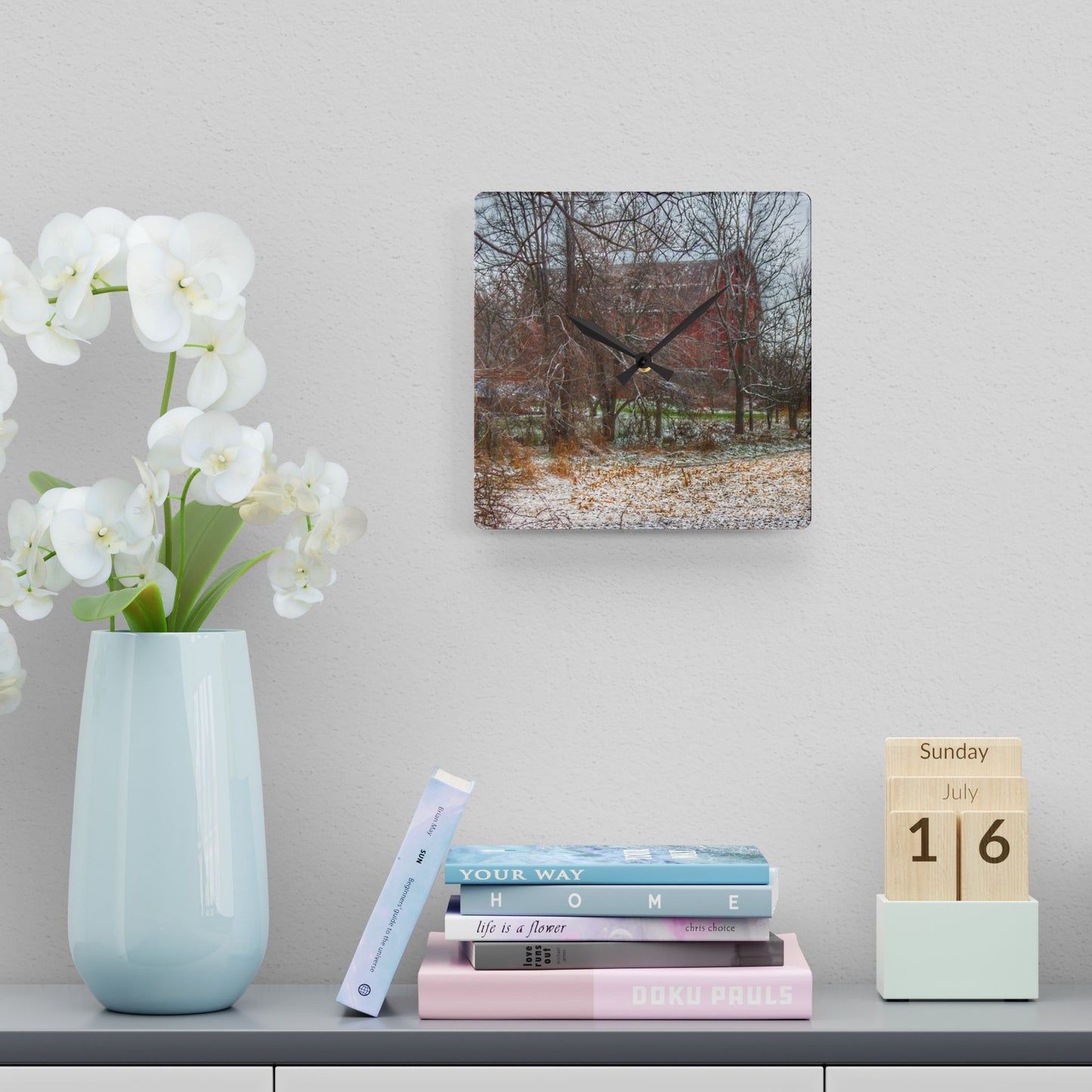 U R There Photography Hough Road Hidden Winter Red II Rustic Farmhouse Acrylic Analog Wall Clock