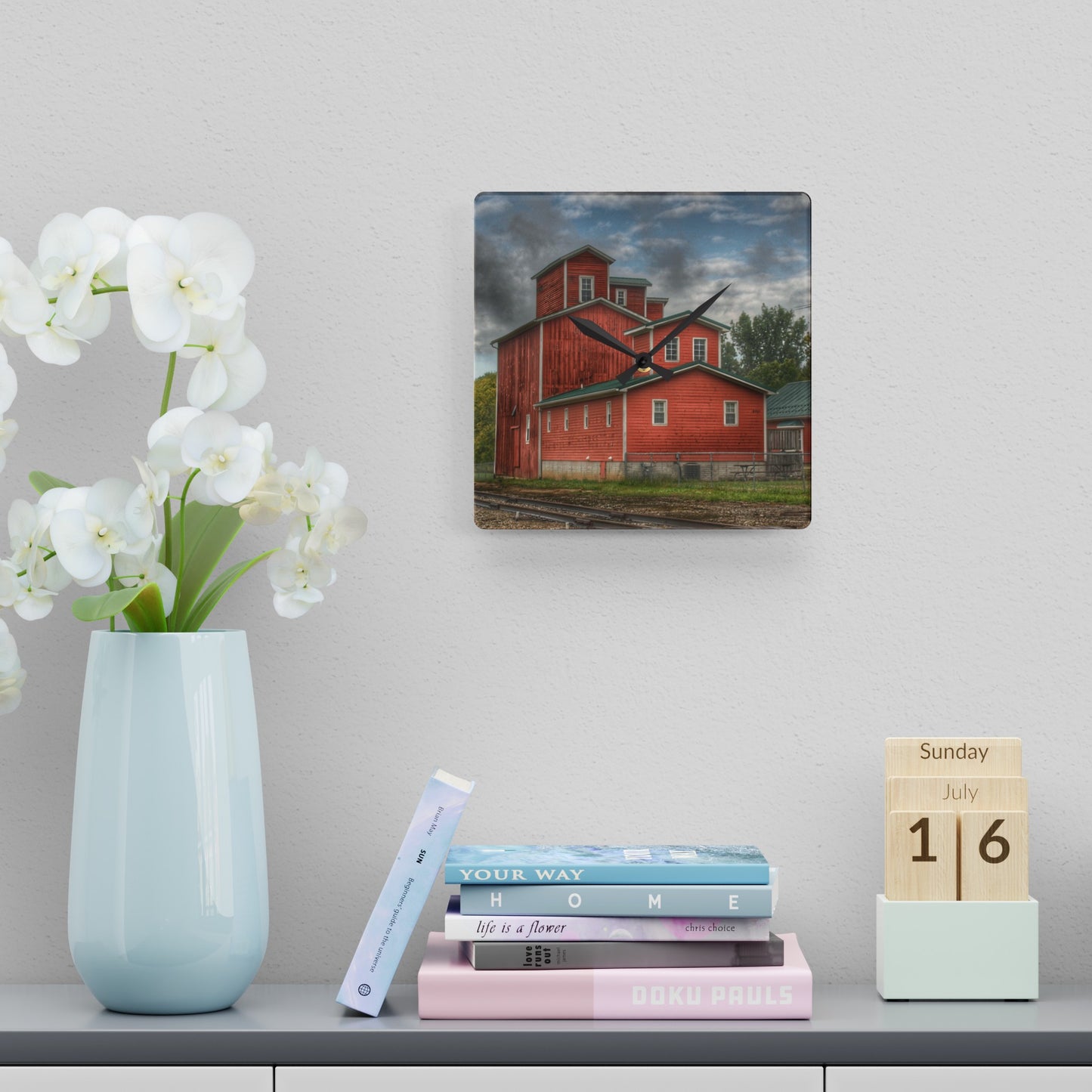 U R There Photography Aside the Tracks in Clifford Rustic Farmhouse Acrylic Analog Wall Clock