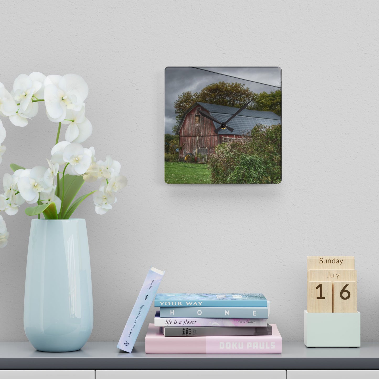 U R There Photography North Clio Road Red Rustic Farmhouse Acrylic Analog Wall Clock