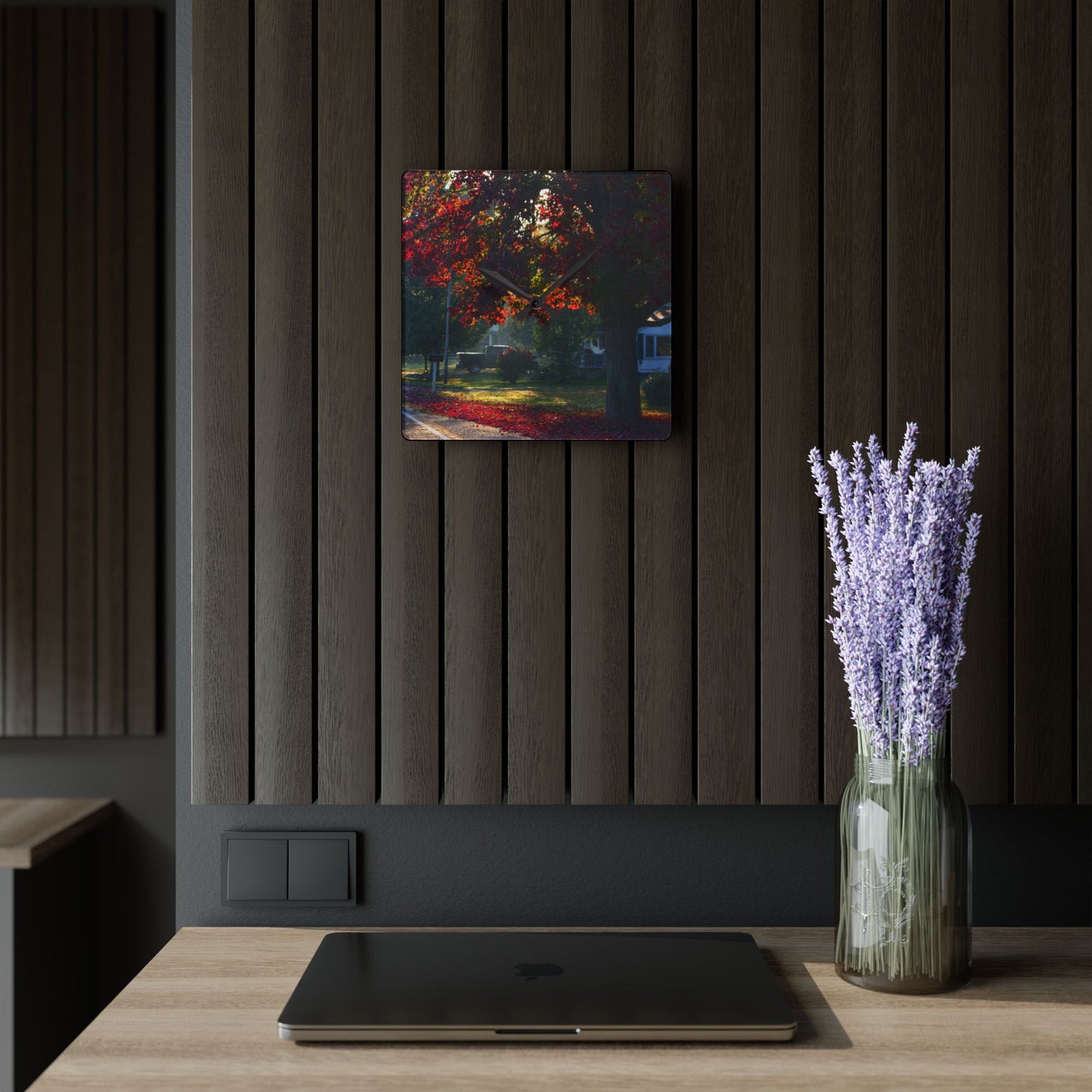 U R There Photography Red Crimson Leaves of Lum Rustic Farmhouse Acrylic Analog Wall Clock
