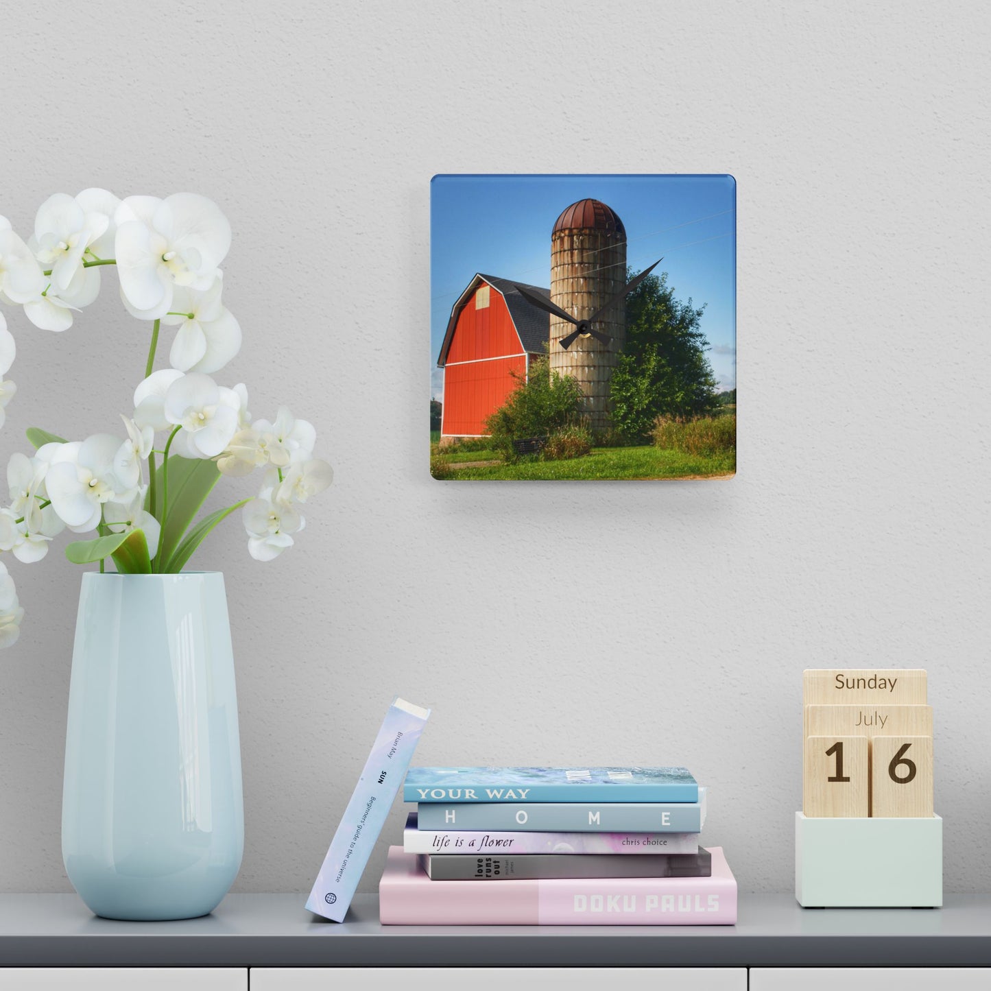 U R There Photography August Red and Silo Rustic Farmhouse Acrylic Analog Wall Clock