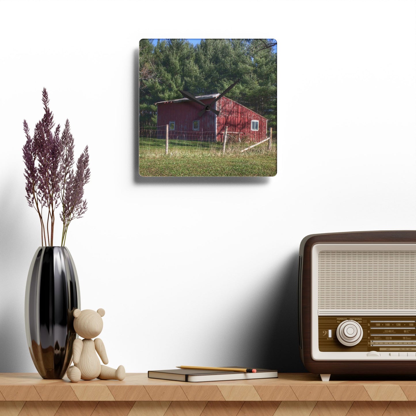 U R There Photography Little Red Shack Rustic Farmhouse Acrylic Analog Wall Clock