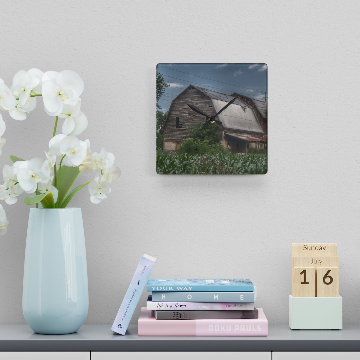 U R There Photography Murphy Lake Road Grey lI Rustic Farmhouse Acrylic Analog Wall Clock