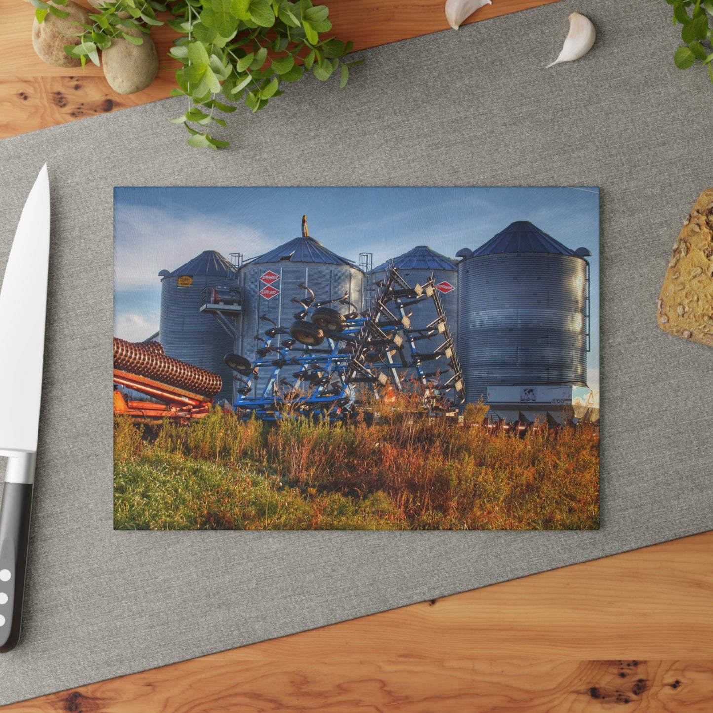 U R There Photography Peck Road Grain Silos Rustic Farmhouse Tempered-Glass Cutting Board