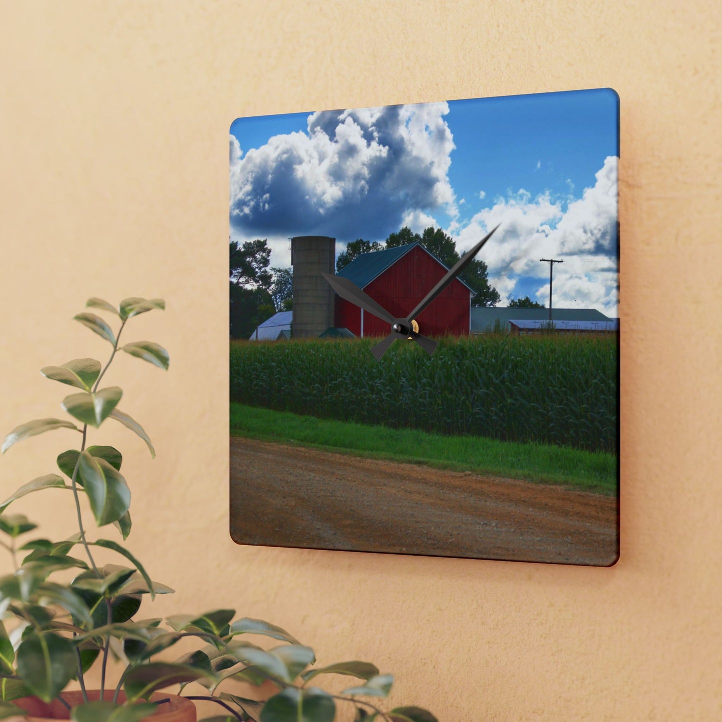 U R There Photography East Brown Road Red Rustic Farmhouse Acrylic Analog Wall Clock