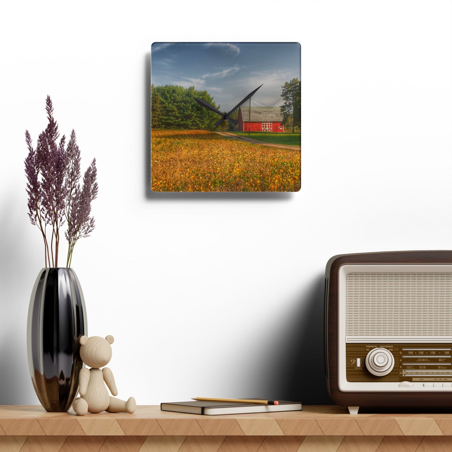 U R There Photography Red Barn on Golden Field Rustic Farmhouse Acrylic Analog Wall Clock