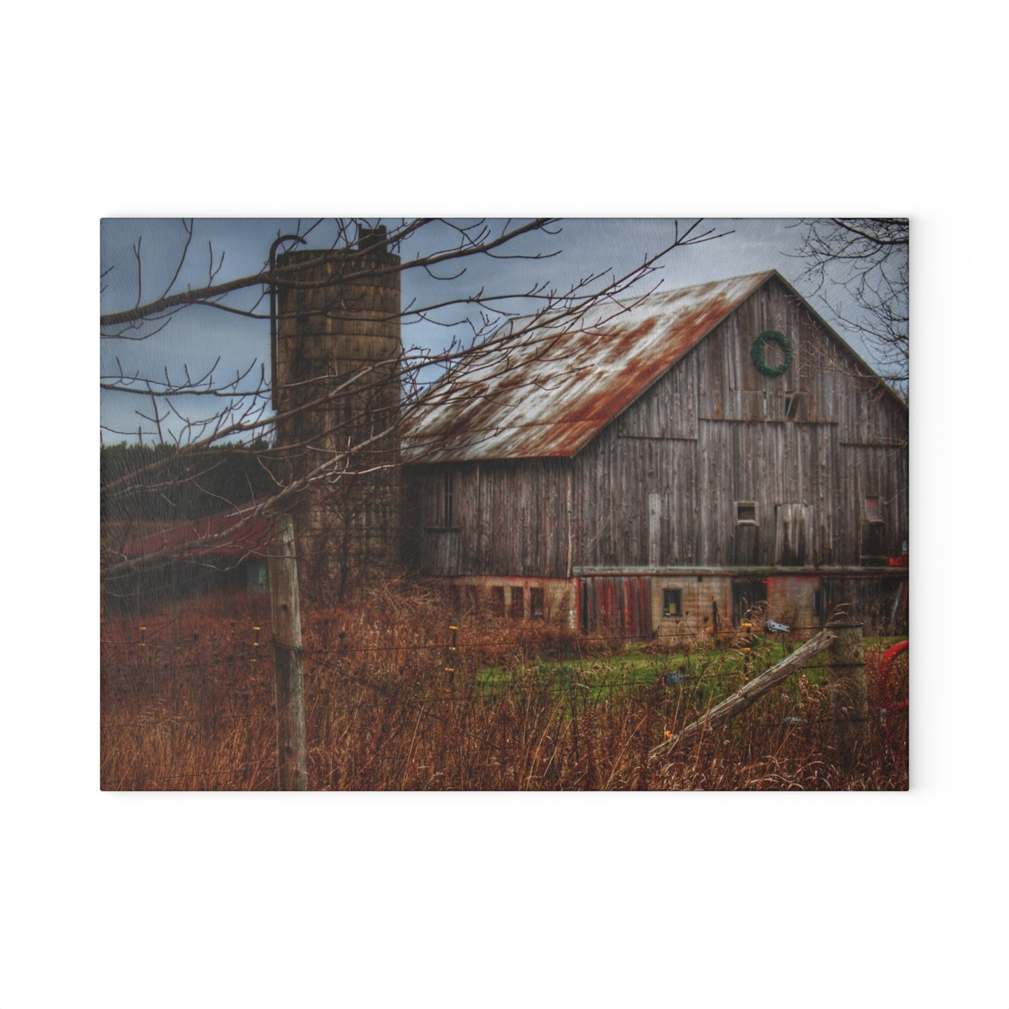 U R There Photography Churchill Christmas Barn II Rustic Farmhouse Tempered-Glass Cutting Board