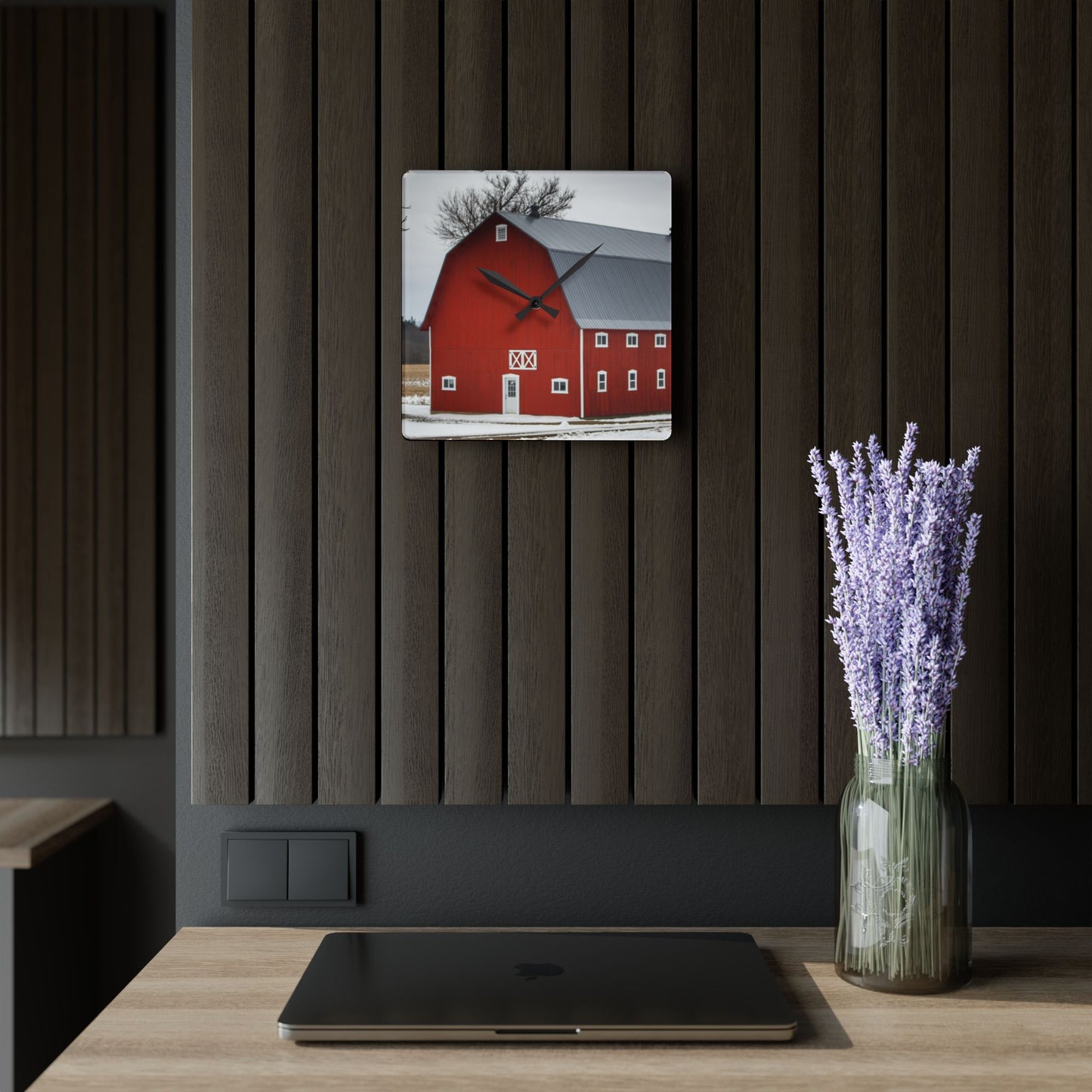 U R There Photography Hollow Corners Red Tree Silo II Rustic Farmhouse Acrylic Analog Wall Clock