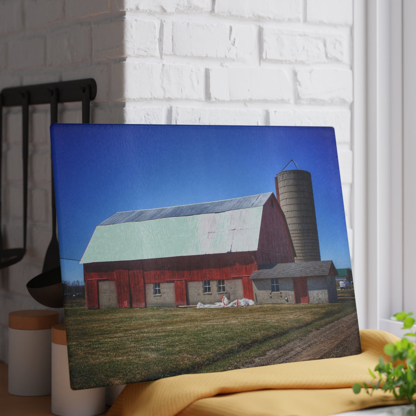 U R There Photography Burt Road Red and Silo Rustic Farmhouse Tempered-Glass Cutting Board