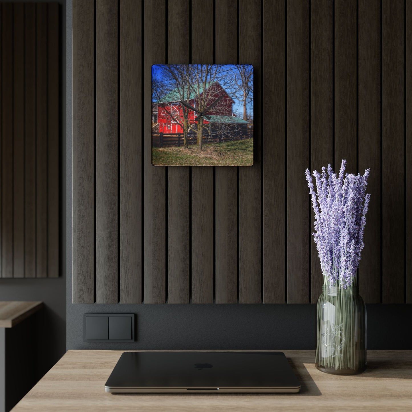 U R There Photography Imlay City Road Cow Barn I Rustic Farmhouse Acrylic Analog Wall Clock
