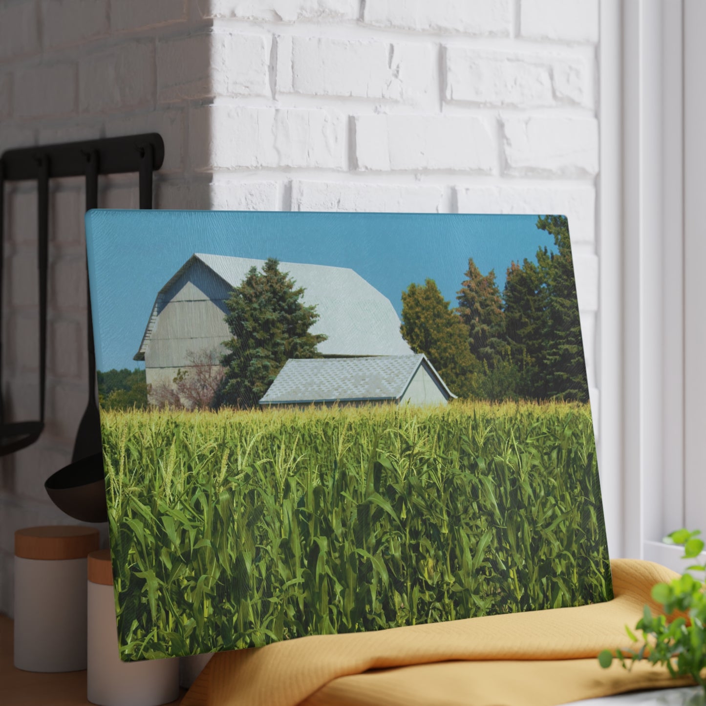 U R There Photography White Cornfield Barn Rustic Farmhouse Tempered-Glass Cutting Board