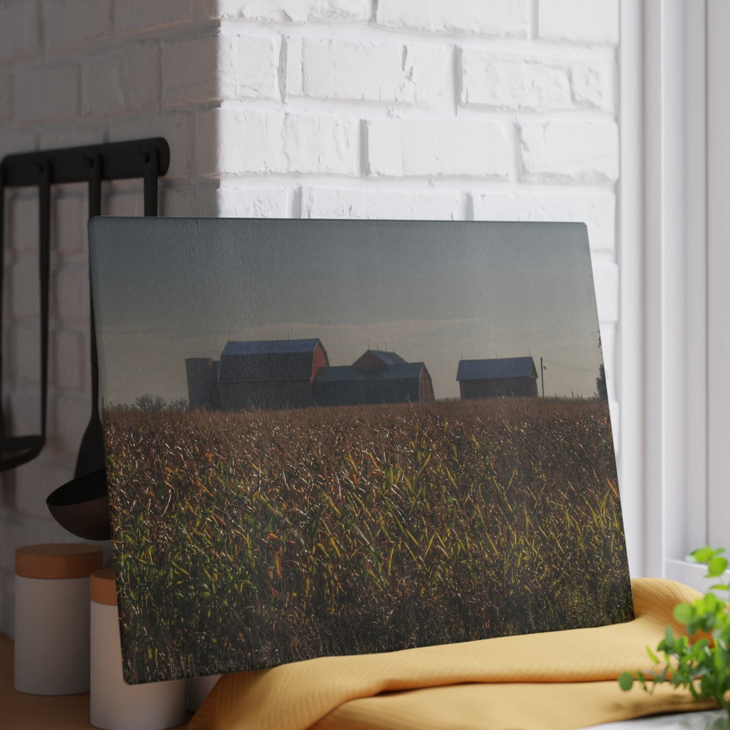 U R There Photography Slattery Road Farm and Cornfield I Rustic Farmhouse Tempered-Glass Cutting Board
