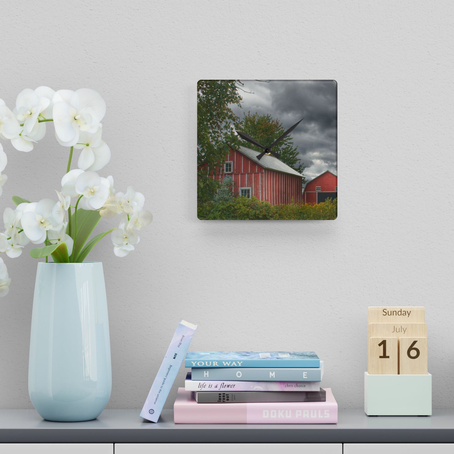 U R There Photography Pinstripe Barn and Buddy I Rustic Farmhouse Acrylic Analog Wall Clock