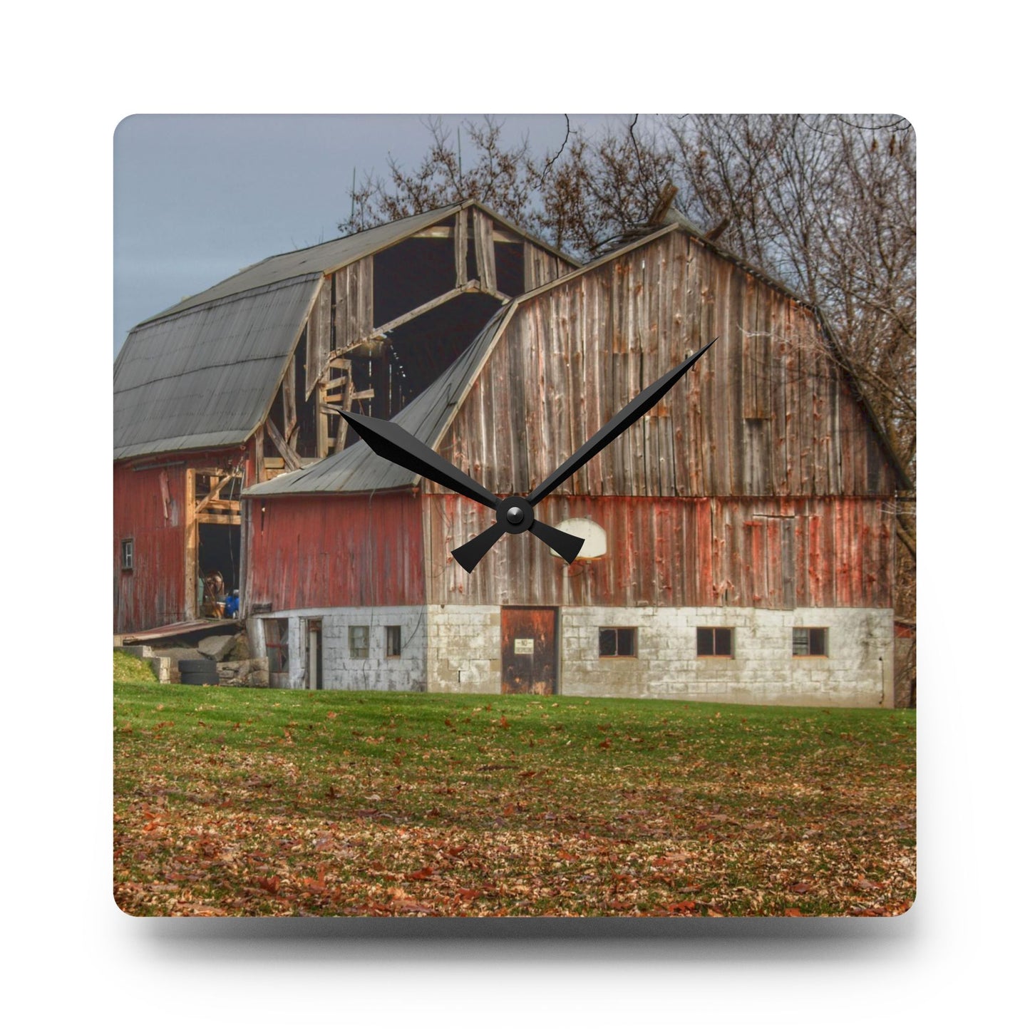 U R There Photography Crawford Road Old Red Rustic Farmhouse Acrylic Analog Wall Clock