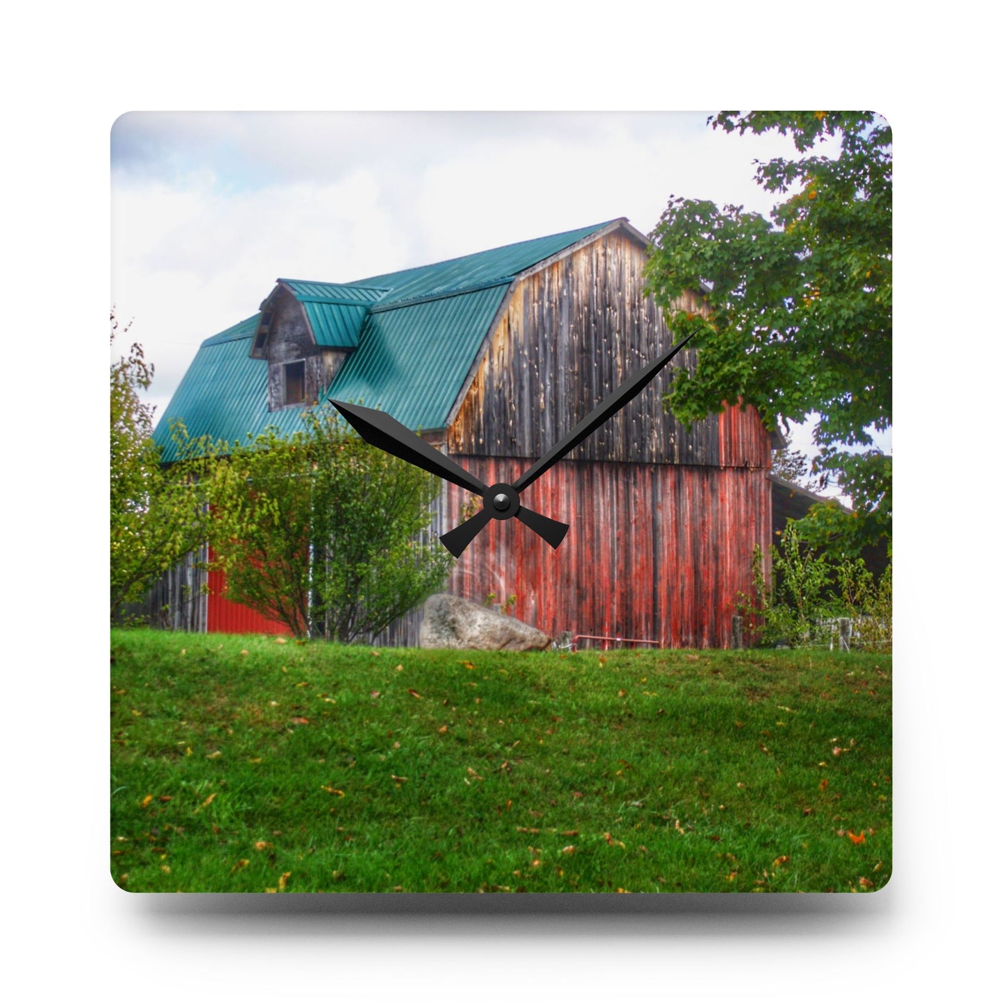 U R There Photography Frances Road Old Red I Rustic Farmhouse Acrylic Analog Wall Clock