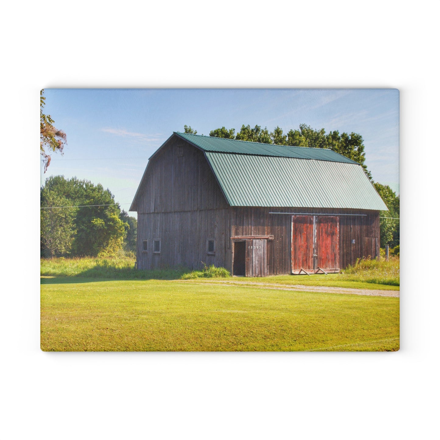 U R There Photography Red Door Barn of Mount Morris Road Rustic Farmhouse Tempered-Glass Cutting Board