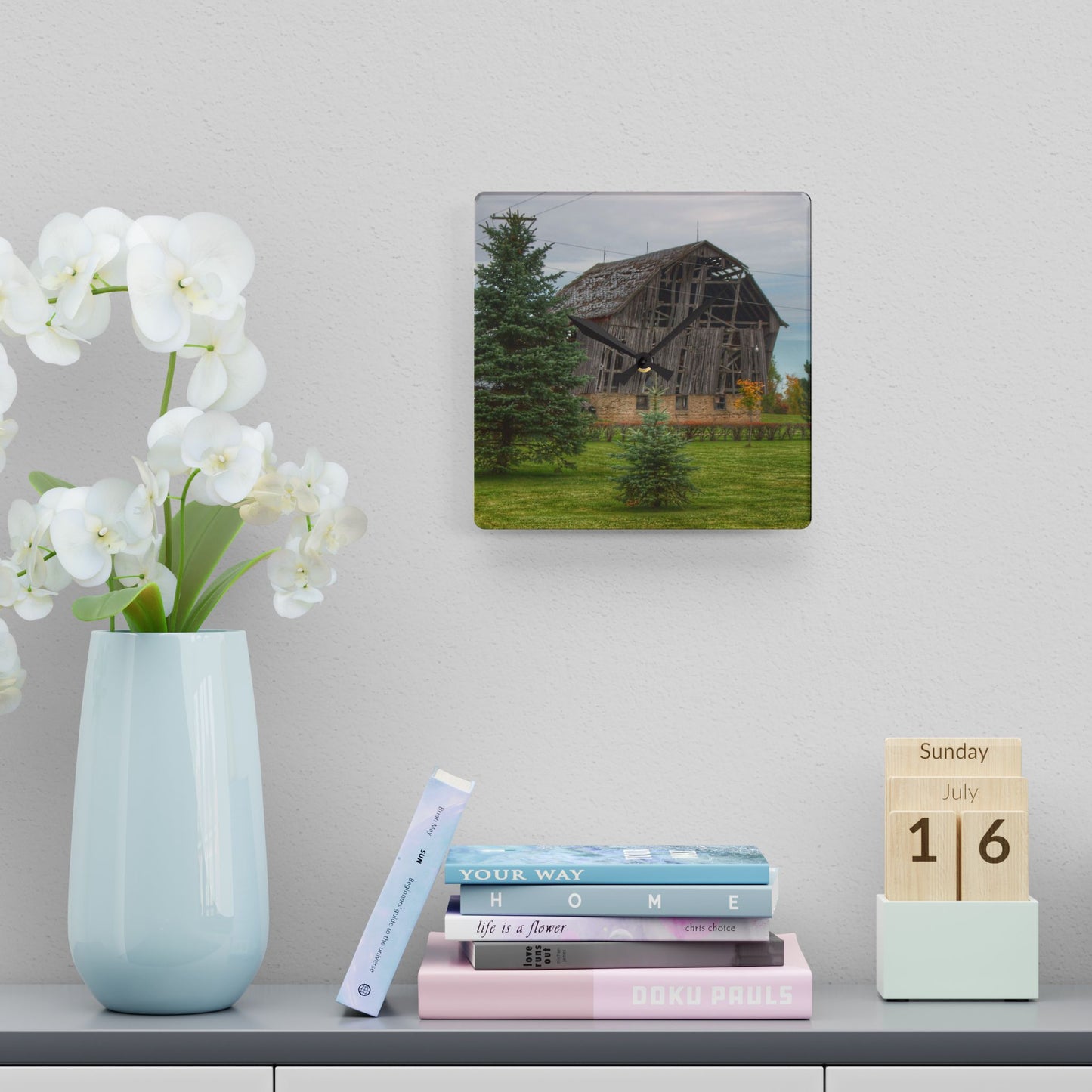 U R There Photography Rich Road Falling Grey I Rustic Farmhouse Acrylic Analog Wall Clock