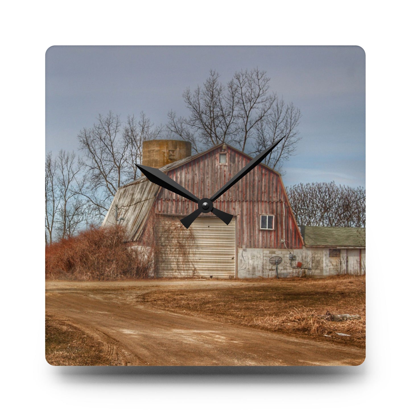 U R There Photography Maple Valley Road Red I Rustic Farmhouse Acrylic Analog Wall Clock