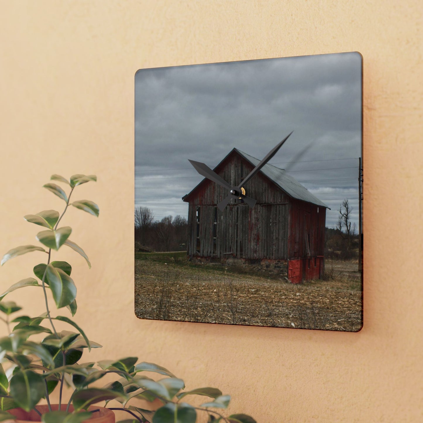 U R There Photography Barnes Road Little Red II Rustic Farmhouse Acrylic Analog Wall Clock
